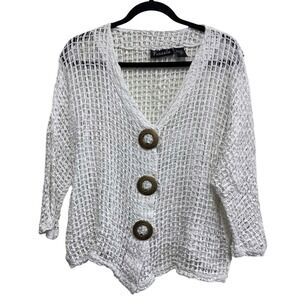 Frazzle Cardigan Womens XL White Open Weave Cotton Boho Big Button‎ Lagenlook